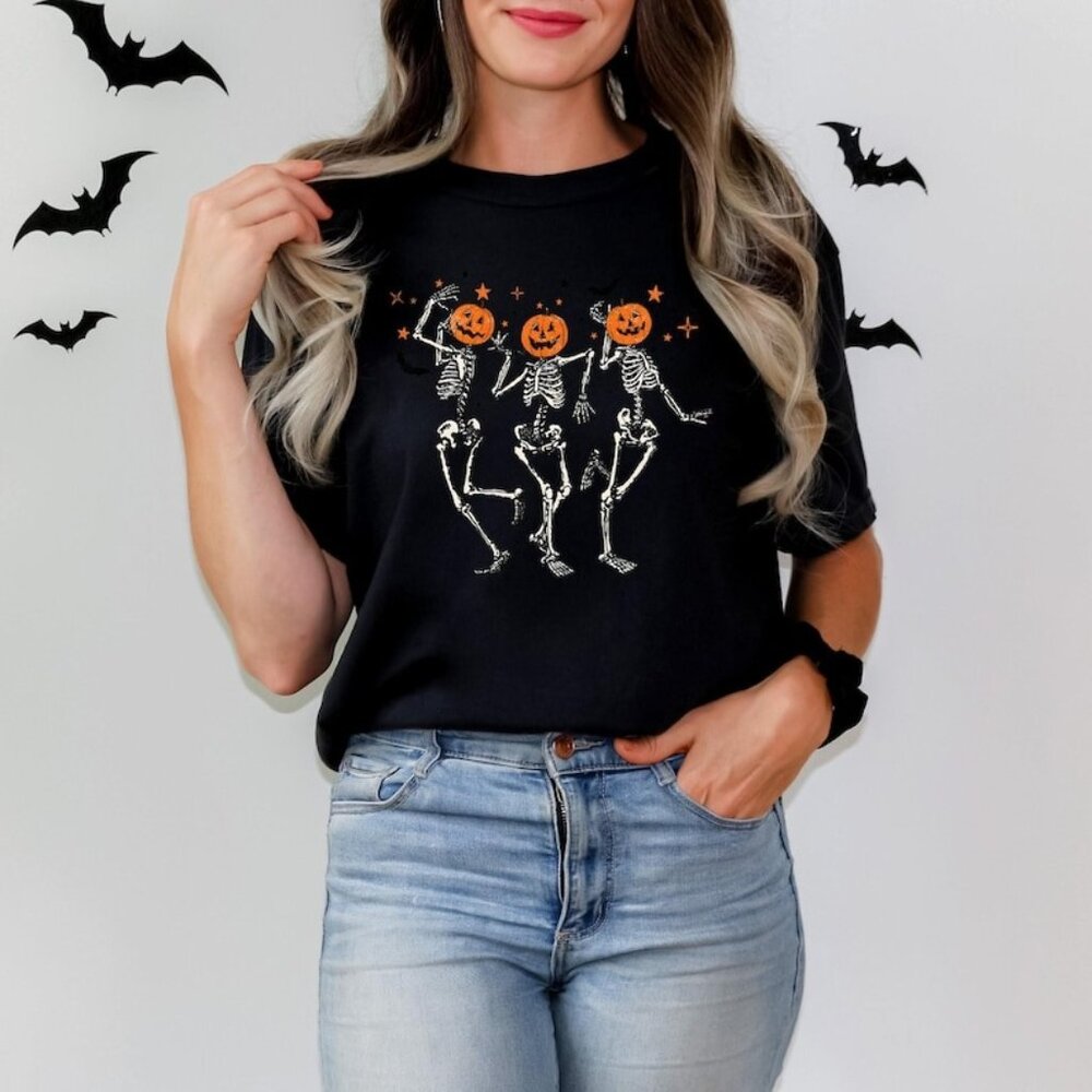 Dancing Skeleton Pumpkin Shirt, Retro Halloween Women_s Shirt, Funny Fall hlw